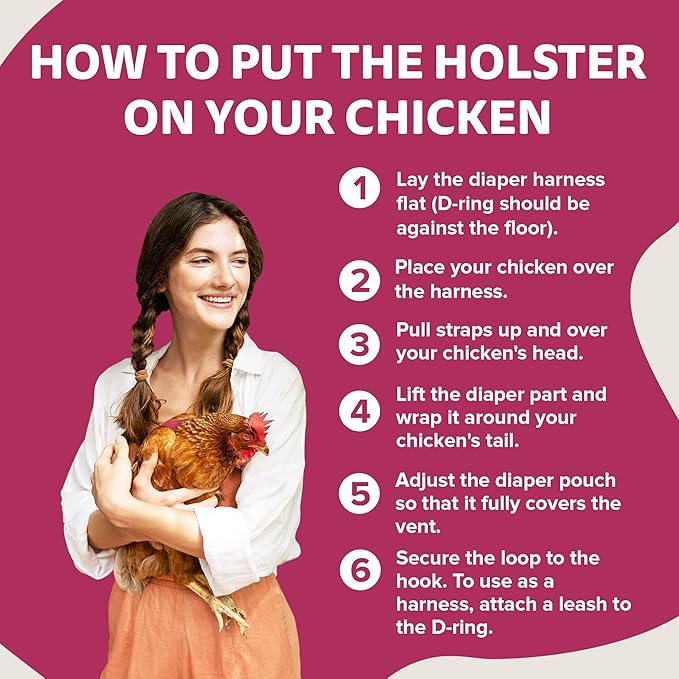 Hen Holster Bird Diaper, Wrap Around - for Hens, Roosters, Ducks, Geese, Leak-Proof Design, Comfortable Fleece Strap Bird Harness with Sewn-in Liner, Secure Hook and Loop Closure - S/M, Pink