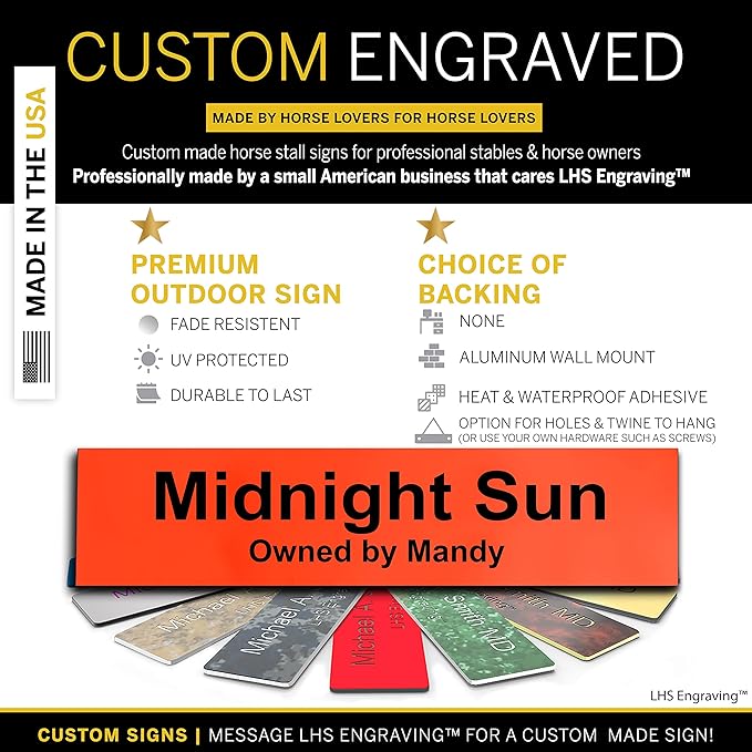 Horse Stall Name Plate, 2x6 Personalized Stall Signs, UV Protected, All Weather Adhesive, Hanging, Mounting or Other, Orange Plastic with Black Letters - Made in USA - B11