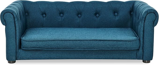 Elevated Dog Sofa with Backrest and Armrests, Button Tufted Pet Bed with Soft Cushion for Medium Dogs, Stylish Lounging Bed Pet Couch Chair for 60Lbs Dog, Blue