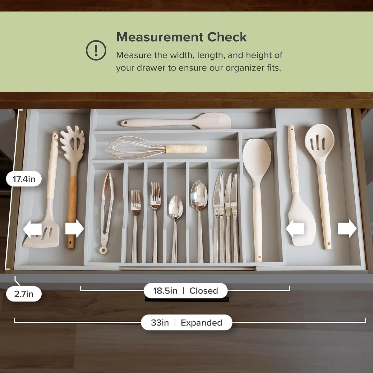 KitchenEdge Silverware & Utensil Drawer Organizer, 18-33 in, Gray Bamboo