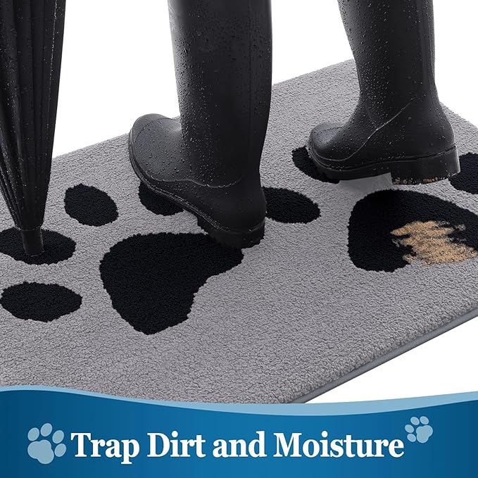 Buganda Dog Door Mat for Muddy Paws, Absorbent Dirt Trapper Washable Indoor Doormats, Non Slip Low-Profile Mud Mat for Dogs, Front Entrance Doormat for Inside Floor (47x24 Inches, Grey)