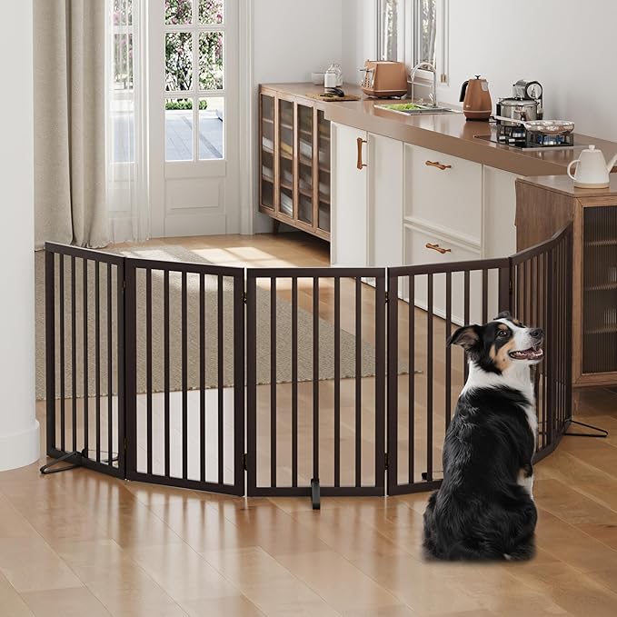 Dog Gates for Doorways, Foldable Dog Gate Indoor, Freestanding Pet Gates for Doorways Bedroom, Puppy Gate with Metal Support Feet, Room Divider, 6 Panels (Brown)