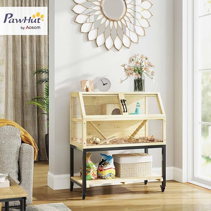 PawHut Hamster Cage with Storage Shelf, Wooden Rat Cage on Wheel, Small Aniaml Cage with Seesaws, Water Bottle, Hut & Ramps, for Dwarf, Gerbil, Syrian Hamster, Mouse, 34" L x 17" W x 40" H