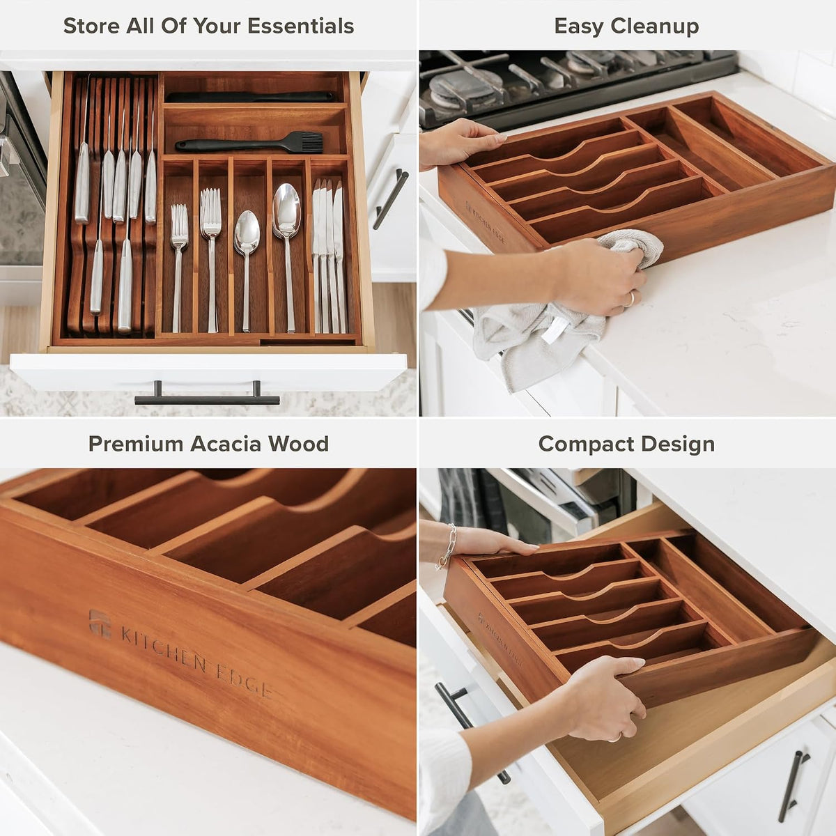 KitchenEdge Silverware & Utensil Drawer Organizer, 10.5-19 in, Acacia