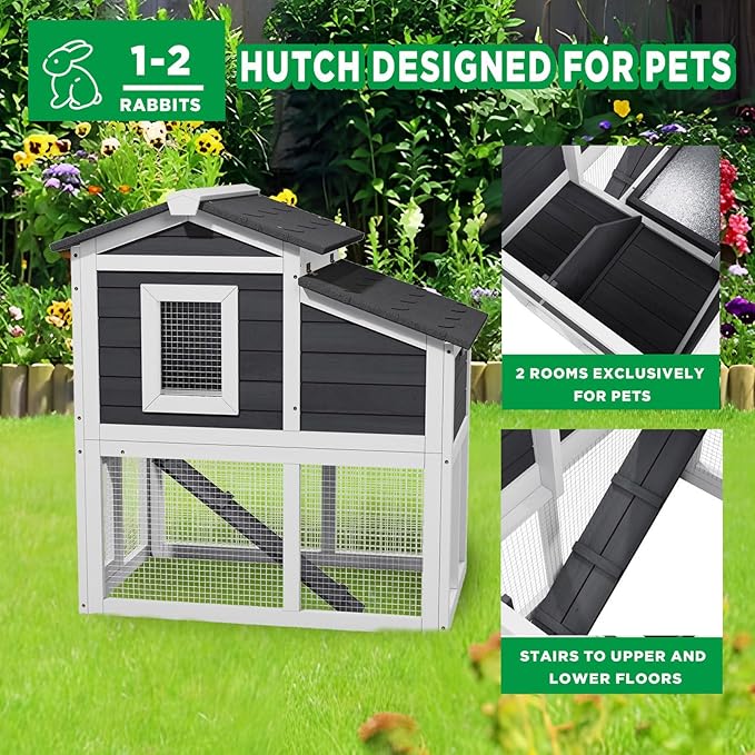 Chicken Coop Bunny Cage Outdoor with Waterproof Roof, Wooden Rabbit Hutch Poultry Cage with Nesting Box, Indoor Hen House Chicken Cage with Ramp for Garden Backyard
