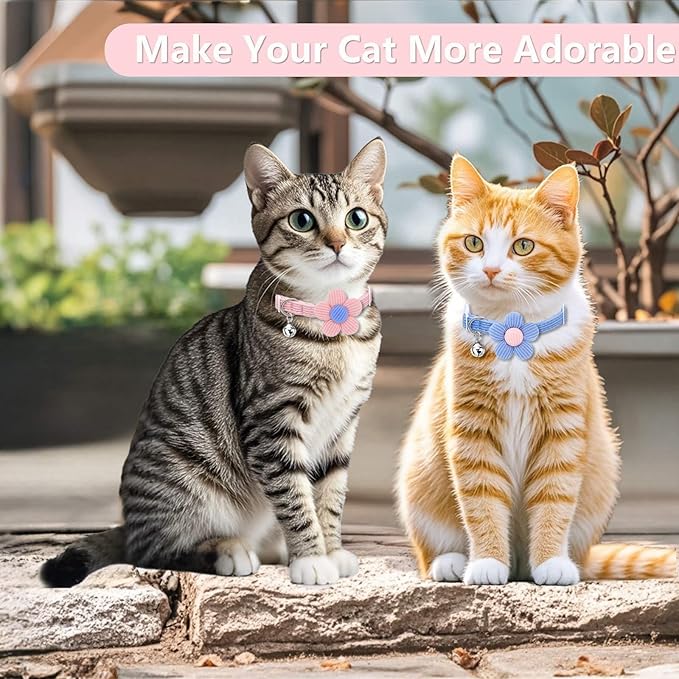 Cat Collar, HANSHILAI Kitten Collar with Bells, Cute Cat Collar Breakaway for Girl Boy with Flower,Collar para Gatos (2 Pack) (Blue & Pink)