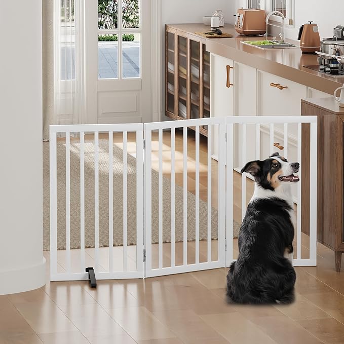 Dog Gates for Doorways, Tall Dog Gate Indoor, Foldable Pet Gates for Doorways Bedroom, Freestanding Puppy Gate with Metal Support Feet, Room Divider 3 Panels (White)