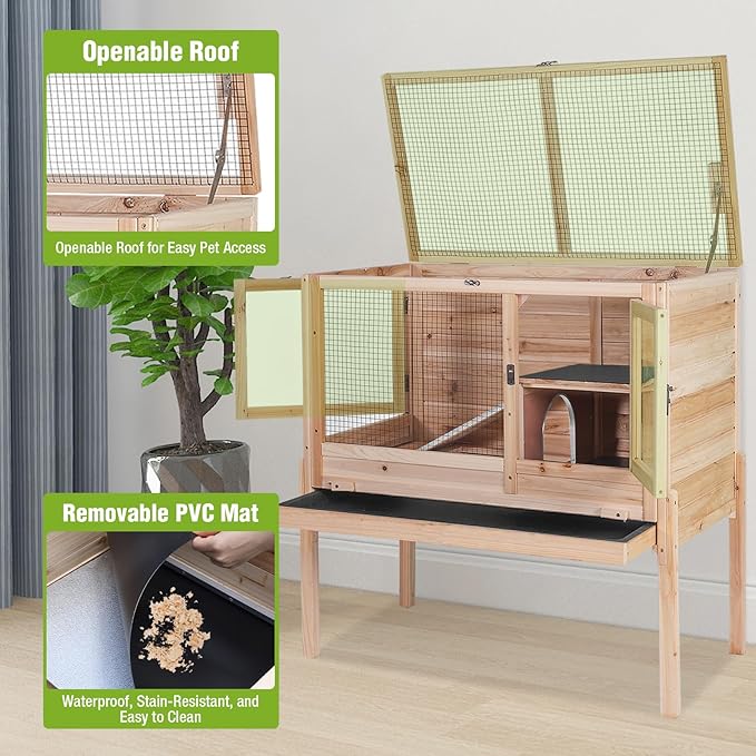 Indoor Bunny Cage Guinea Pig Cages - Wooden Small Animal Cage Rabbit Hutch with Chew-Proof Ramp, Pull-Out Tray, Leakproof PVC Layer & Detachable Legs for Rabbits, Guinea Pigs (Natural Wood)