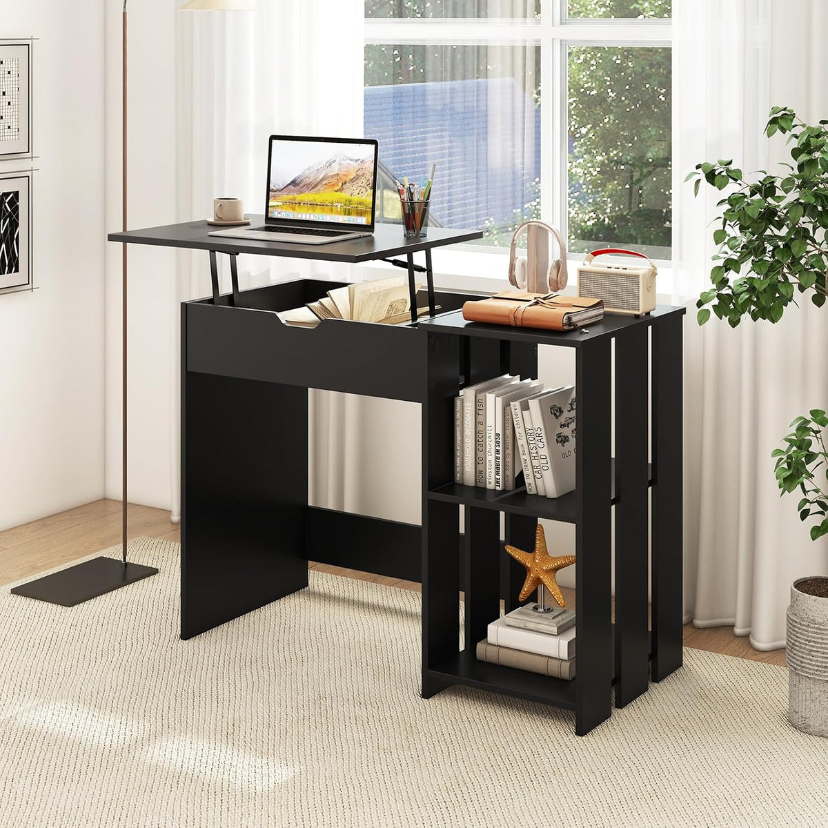 Tangkula Computer Desk with Lift Top, Space Saving Standing Desk with Hidden Compartment and Open Storage Shelves, Study Writing Desk with Lifting Mechanism, Black