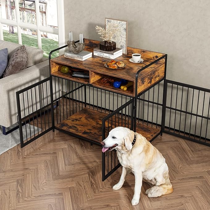 Large Furniture Dog Crate, Dog Kennel Indoor, Wood Dog Cage Table with Drawers Storage, Heavy Duty Dog Crate, Jaula para Perros, Sturdy Metal, 40.5" L×23.6" W×35.4" H, Rustic Brwon