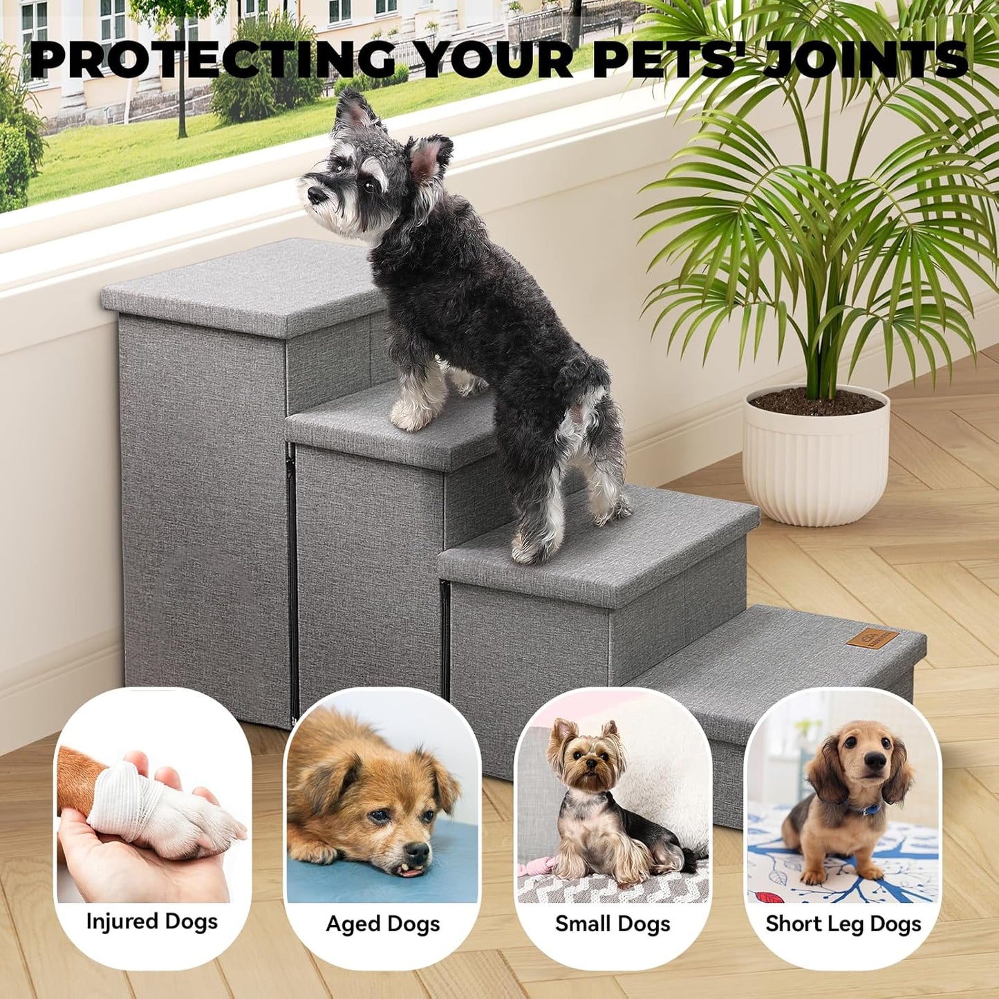 Dog Stairs with Storage 23" H, 4-Step Wider Dog Steps for High Beds Window, Folding Sturdy Pet Stairs Gift for Injured Old Dogs Cats, Ramp for Climbing Car Up to 200 lbs,(Gray, No Condo)