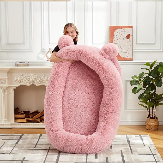 GarveeHome Human Sized Dog Bed, 71" x 45" x 12" Large Dog Bed with 2 Storage Pockets, Fluffy Faux Fur Orthopedic Pet Bean Bed for Adults & Giant Pets - Pink