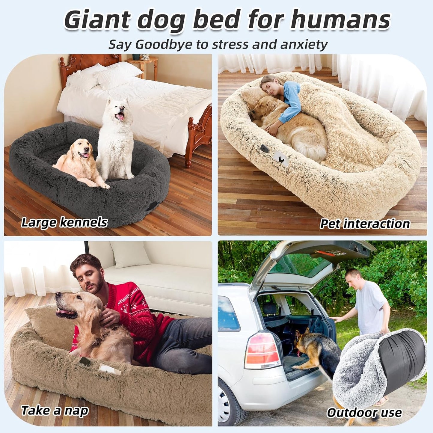 Human Dog Bed, Large Dog Beds for Humans Size Fits You and Pets, Washable Faux Fur Orthopedic Human Pet Bed for People Doze Off, Napping, Present Pillow, Blanket, Strap - Khaki