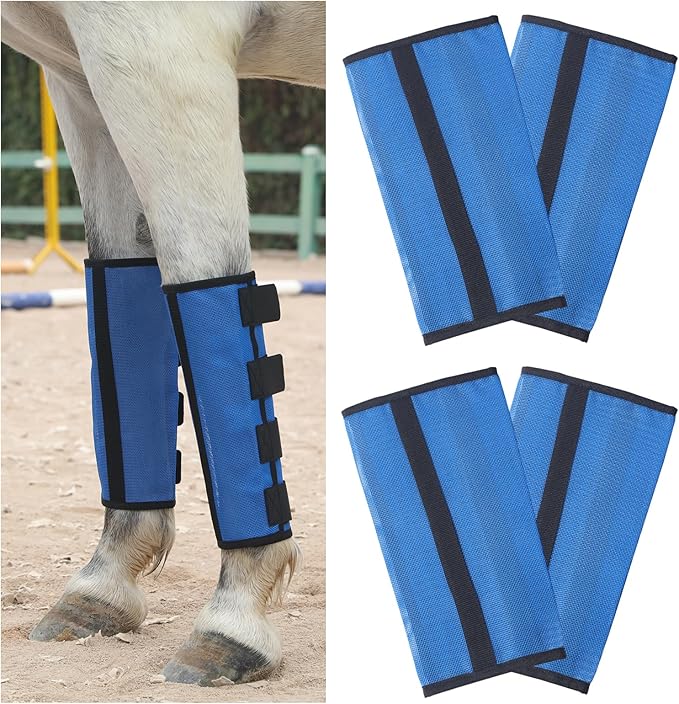 Horse Fly Boots Set of 4 - Non-Slip Leg Guards Extra Tough Mesh Ventilated, Adjustable Horse Fly Leggings Reduce Stomping & Hoof Stress & Leg Fatigue RoyalBlue Large