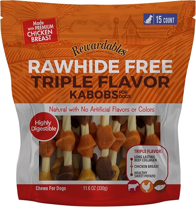 Rawhide Free Triple Flavor Kabobs for Dogs | Real Chicken, Beef and Healthy Sweet Potato | 15 Count