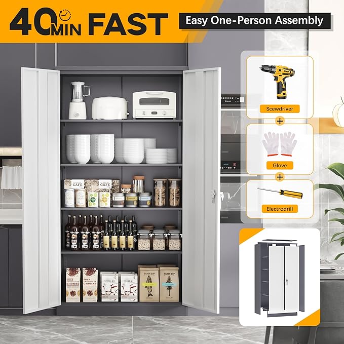 Greenvelly Metal Garage Storage Cabinet with 2 Doors and 4 Adjustable Shelves, 72”H Steel Lockable Storage Cabinet,Tall Metal Cabinet Locking File Cabinet for Office,Home, Garage, Gym, School