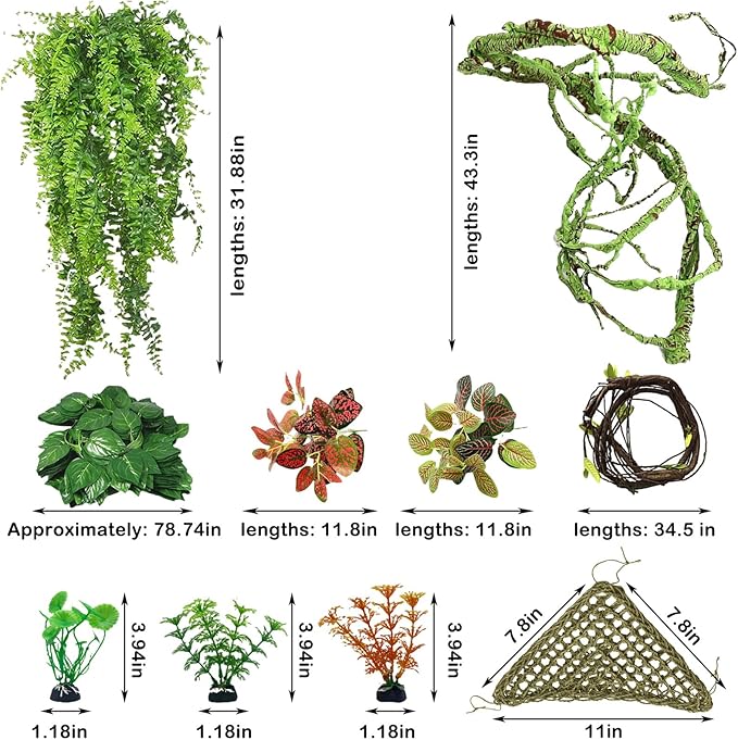 kathson 8 PCS Reptile Vines Plants Flexible Bendable Jungle Climbing Vine Terrarium Plastic Plant Leaves Pet Tank Habitat Decor for Bearded Dragons Lizards Geckos Snakes Frogs and More Reptiles