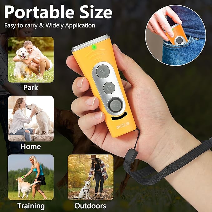 MODUS New Anti Barking Device, 4X Ultrasonic Emitters Dog Bark Deterrent Device, Rechargeable Handheld Dog Barking Control Devices Dog Training&Behavior Aids with 50ft Range Indoor Outdoor(Yellow)