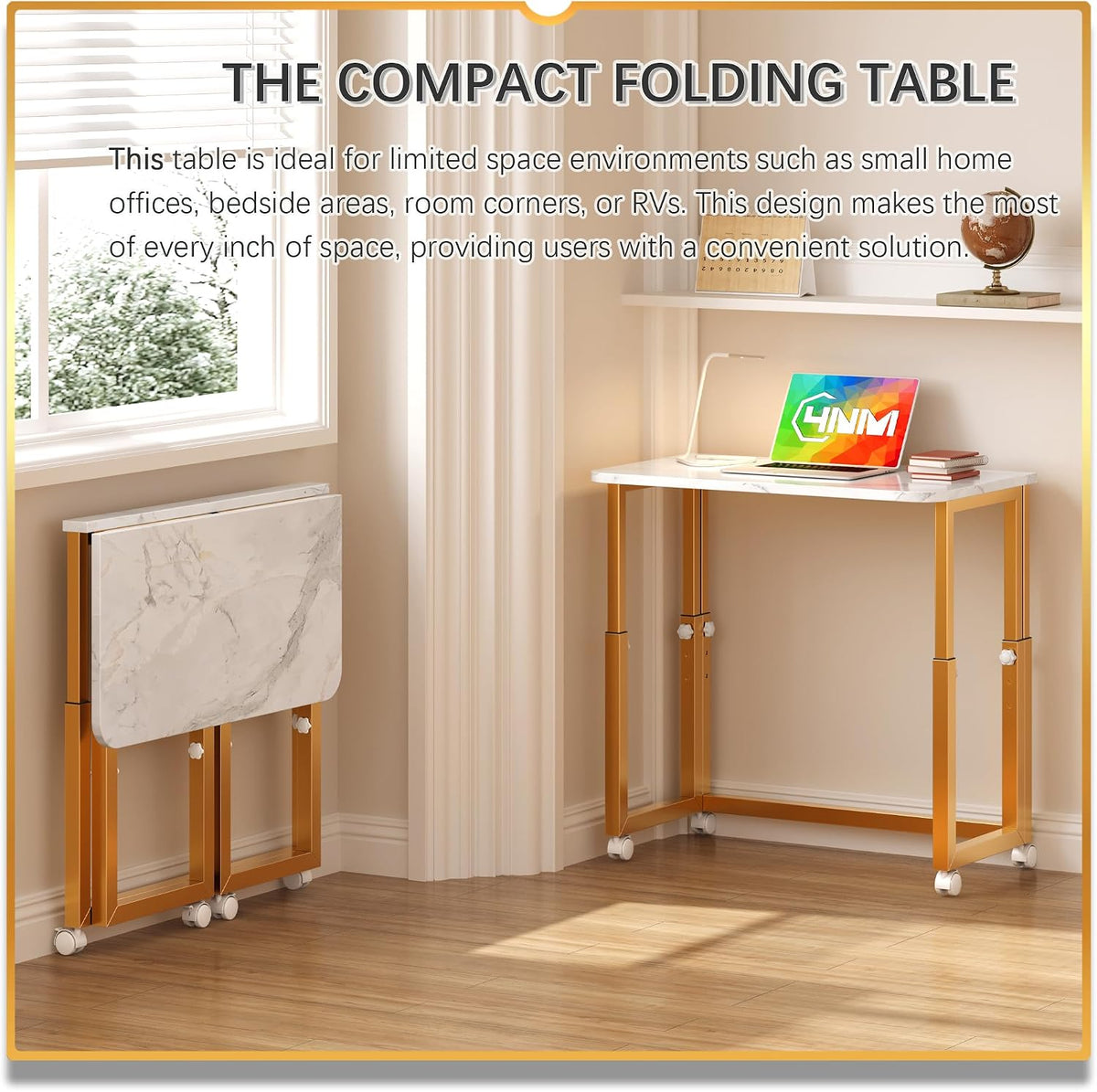4NM No Tool Assembly 27.5" Small Desk, Folding Portable Desk with Wheels, Foldable Computer Home Office Desks, Collapsible Study Writing Table for Space Saving Bedroom - White Gold
