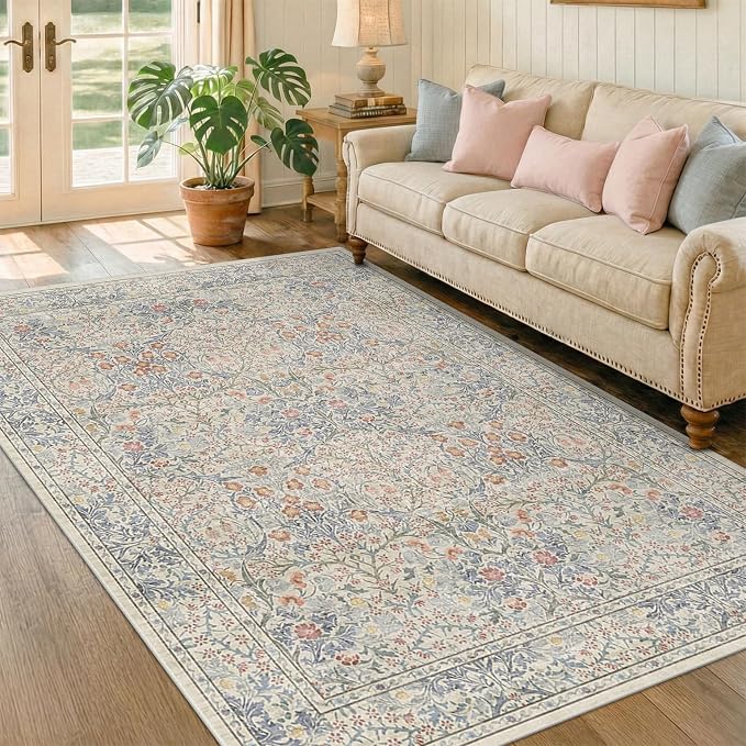 Washable Beige Blue 5x8 Area Rug
