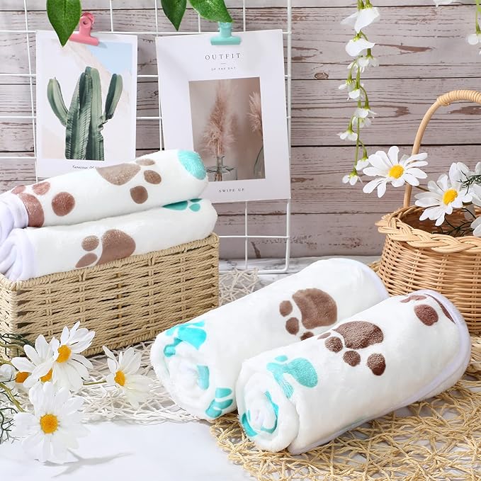 Tatuo 4 Pcs Dog Blanket for Pet Cat Blankets Indoor Puppy Teething Stuff Toys Paw Print Fleece Soft Blanket Sleep Mat for Guinea Pig Cage(Milky White,Small(24 x 16 Inch),Square)