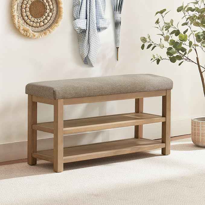 2 Tier Shoe Rack Bench with Cushion, Solid Wood Shoe Benches, Mid-Century