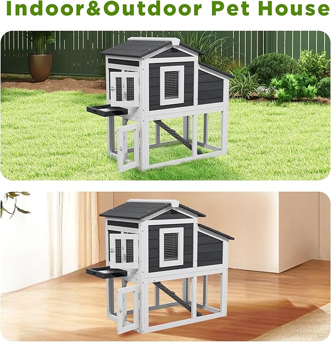 Chicken Run Coop, Wooden Duck Coop Outdoor 2-Tier Hen House All Weather Used Poultry Quail Cage Rabbit Hutch Pet Hideout with Ramp for Small Medium Animals(Grey)