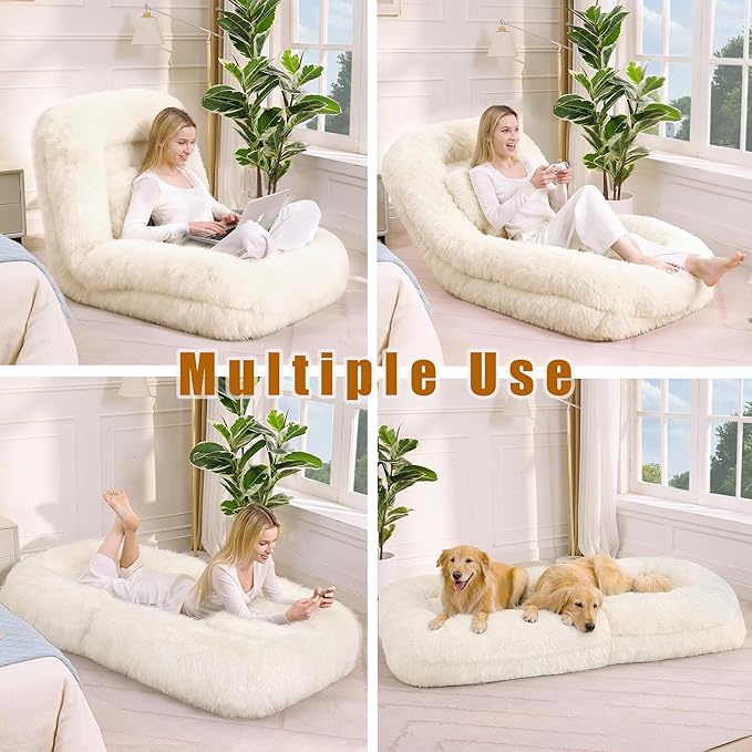 Adjustable 5-Position Human Dog Bed for People, Big Comfy Plush Floor Gaming Lazy Sofa Chair with Pillows & Back Support, Foldable Lounge Loveseat Couch for Living Room Bedroom (Beige)