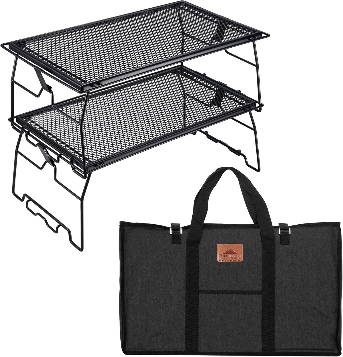 CAMPINGMOON Stacking rack Iron ground rack Two-stage folding rack Expanded metal table JP-T-238-2T Black Large