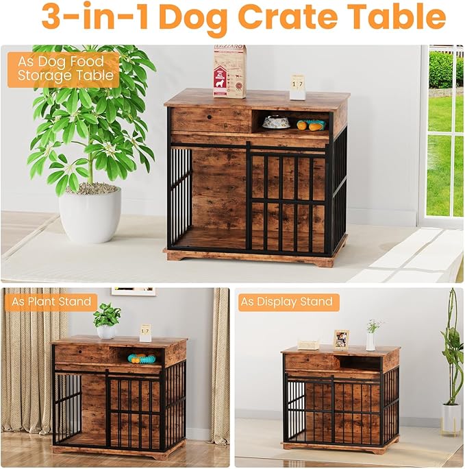 35.4" Dog Crate Furniture, Dog Kennel Indoor with Wheels for Medium Small Dogs, Wooden Dog Crate End Table with Drawer, Open Shelves and Sliding Door, Dog Kennel Furniture for Living Room, Bedroom