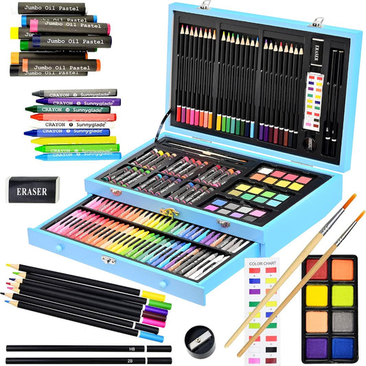 Sunnyglade 145 Piece Deluxe Art Set Wooden Art Box & Drawing Kit Blue