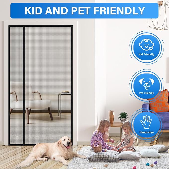 Magnetic Screen Door Mesh Left Right Side Opening Upgraded PET Material Mesh Stronger Than Fiberglass and Polyester,Keep Bugs Out,Pet & Kid Friendly Screen Size 74'' X 82''
