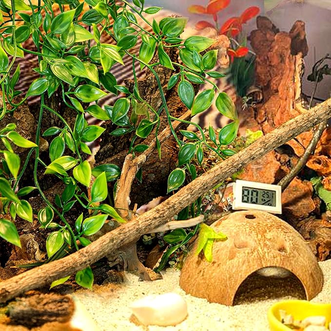 HERCOCCI Reptile Plants, 2 Pack Terrarium Hanging Plants Vines Artificial Leaves Habitat Decorations with Suction Cup for Bearded Dragon Hermit Crab Lizard Snake Geckos Chameleon
