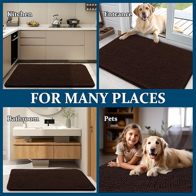 OLANLY Dog Door Mat Set 4-Piece 36x24, Absorbs Moisture and Dirt, Absorbent Non-Slip Washable Doormat, Quick Dry Chenille Mud Mat for Dogs, Entry Indoor Entryway Carpet for Inside Floor, Brown