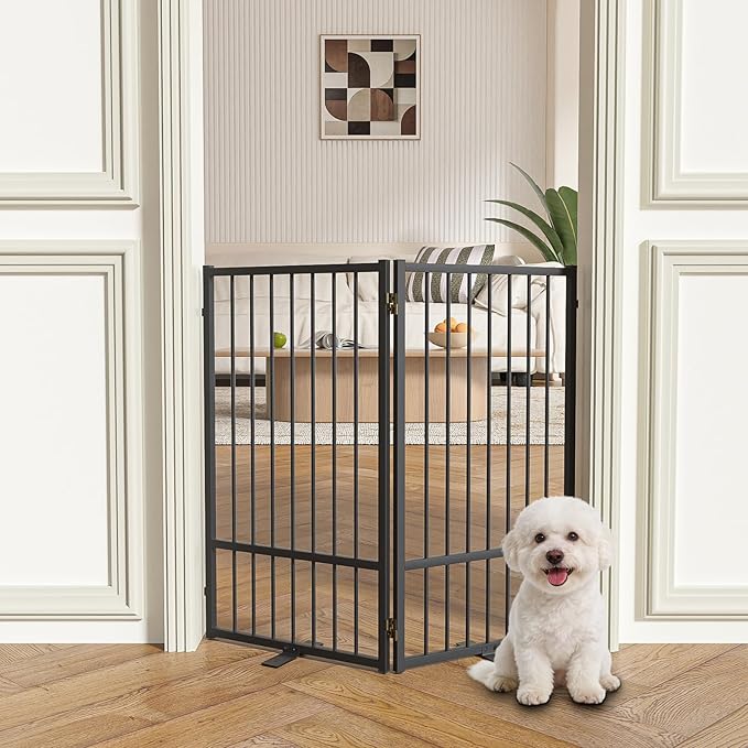 Full Metal Freestanding Dog Gate with Door, 36''Height Foldable Pet Dog Fence for Indoor & Outdoor, 2 Panels Extra Wide Free Standing TallDog Gates for Doorways,House,Stairs,Porch,Deck,Yard