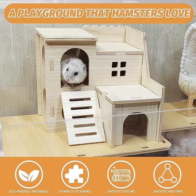 Hamster House - Double-Decker Hut With Slide, Guinea Pig Castle, Cage Accessories, Small Animal Habitat Decor
