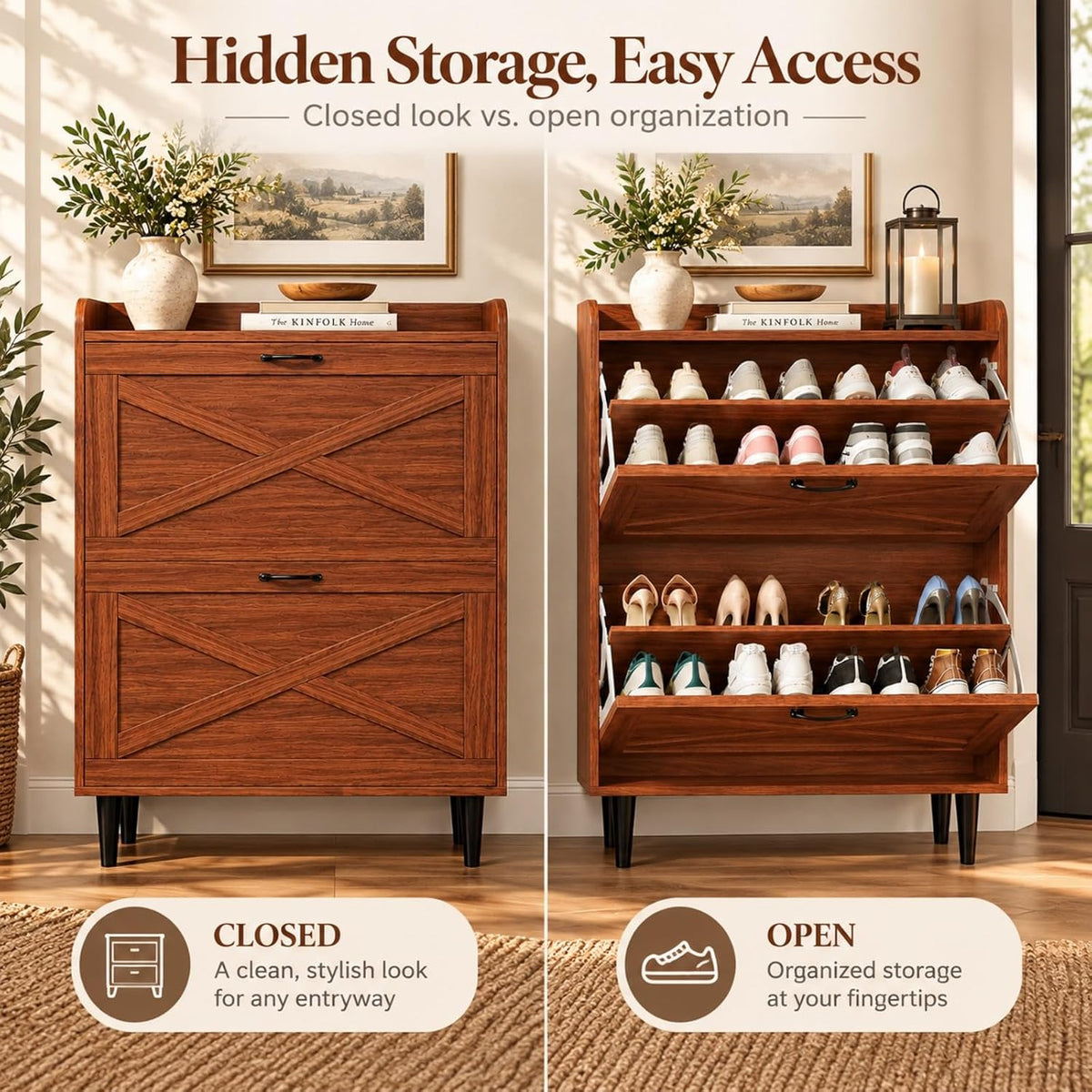 VINGLI Shoe Storage Cabinet for Entryway with 2 Flip Drawers, Ultra Slim Freestanding Entryway Shoe Organizer with Wood Tapered Legs,Hidden Closed Shoe Rack,31.6" W * 9.4" D * 39.4" H, Walnut
