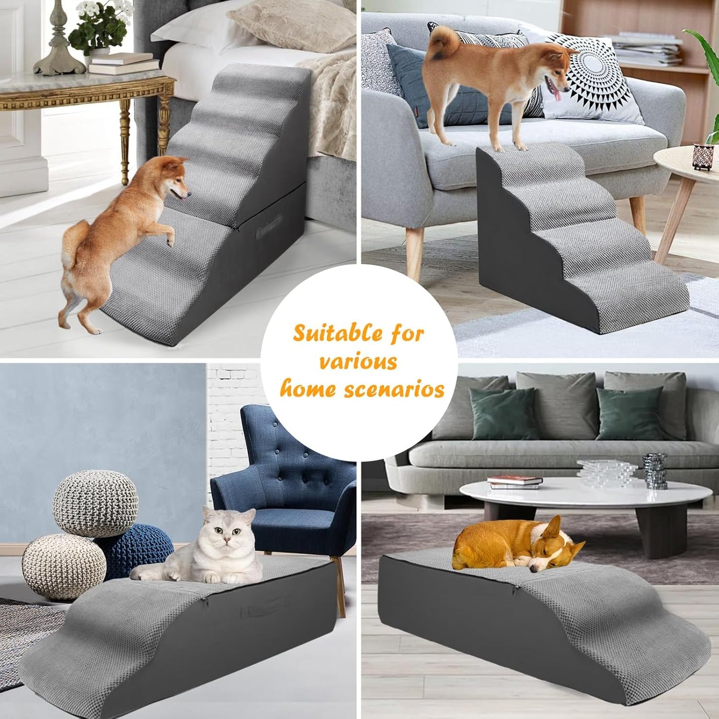 Dog Stairs&Steps for 30 Inches Tall High Bed, Pet Dog Ramp Ladder for Small Medium Dogs, Doggie, Old Cats, Kitty, Small Animals(Grey, Up to 30-36 Inch Tall Bed)
