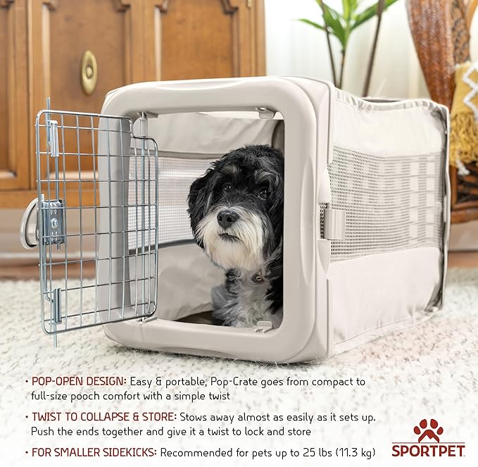 SportPet Designs Small Soft-Sided Pet Travel Kennel for Cars, Foldable Back Seat Crate for Cats & Small Dogs, Mesh Ventilated Carrier with Dual Metal Doors, Safety Leash & Waterproof Bed - White