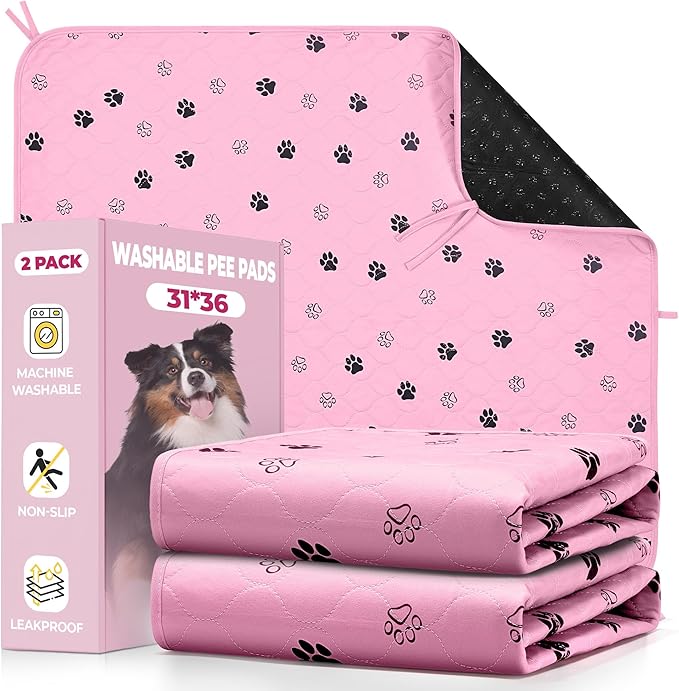Fostanfly Washable Pee Pads for Dogs, 2 Pack Large 31"x36" Ultra-Absorbent and Leak-Proof Non-Slip Reusable Potty Training Pads for Dogs, Cats, Puppy, Potty of Add 8 Lanyards, Pink