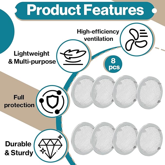 8-Pack 2" Circular Vent Covers, Steel Mesh Screen,Circular Screen with Tab Fasteners for Pet Cages (Reptiles/Birds) and Storage Shelves, Home, Garage & Industrial Airflow