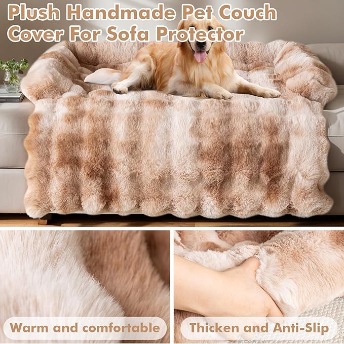 LiveGo Fuzzy Pet Couch Covers for Sofa, Dog Couch Cover Fuzzy Sofa Cover Cream Square Plaid Dog Bed Plush Dog Mat for Furniture Protector for Large Medium Dogs and Cats