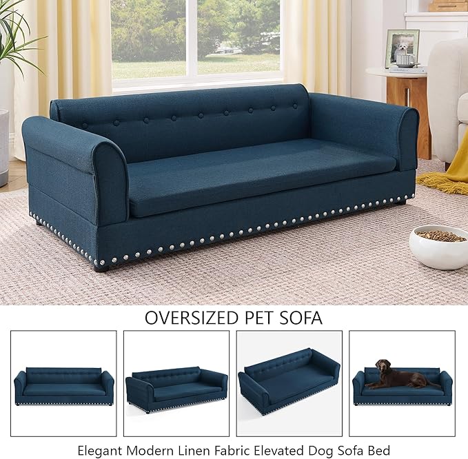 Oversized Pet Sofa Bed for Large Dogs, 55 Inch Modern Dog Couch with Orthopedic Memory Foam, Sturdy Furniture Style Pet Bed with Weight Capacity 220 lbs, (Blue)