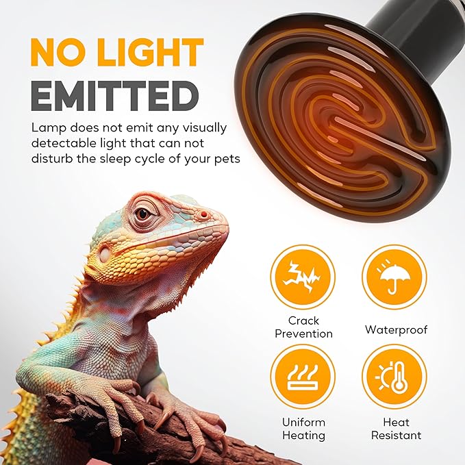 HealSmart 60W Reptile Heat Lamp Ceramic Heat Emitter, No Light Emitting Heat Bulbs, Suitable for Snake/Lizard/Spider, Plant Growth and Incubating Chicken, 2-Pack