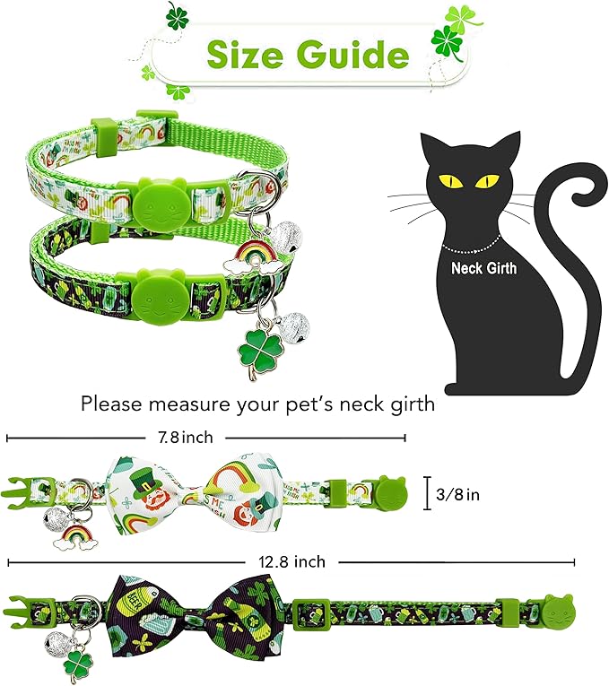 2 Pack St. Patrick Day Cat Collar with Bow Tie,Holiday Kitty Kitten Collar with Bell for Male Female Boys and Girls (I'm Irish)