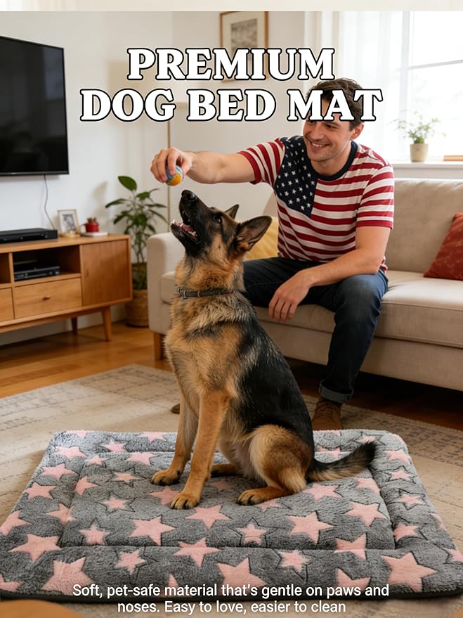 Dog Bed Mat - Reversible Dog Crate Bed Mats, Soft & Breathable Kennel Pad, Durable Crate Bed for Small Dogs & Cats (Pink&Gray Stars, L(35"*23"*1.2"))