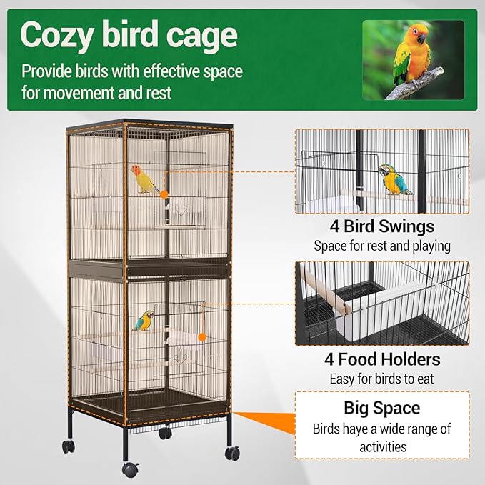 55 inch Wrought Iron Bird Cage Double Stackable Metal Cage w/Play Open Top and Rolling Stand with Pull Out Tray for a Canary Finch