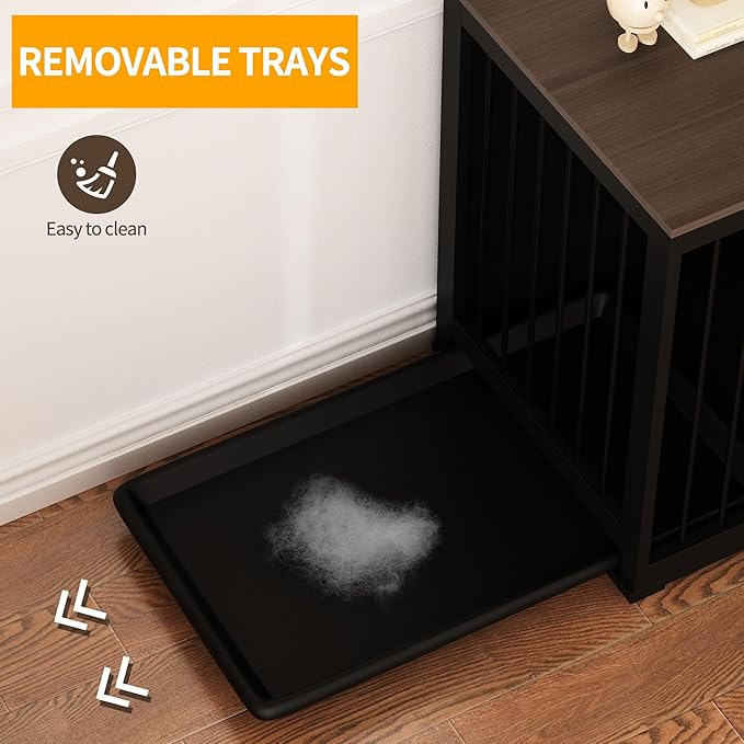 Large Funiture Style Dog Crate for 2 Dogs, 70" Wooden Dog Kennel Furniture with Removable Divider & 2 Trays, Indoor Heavy Duty Dog House w/Double Rooms for Large Medium Dogs, Black