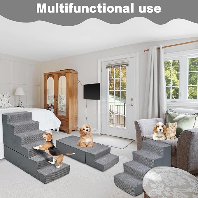 Dog Steps for High Beds 30-32" H, 6-Step Dog Stairs for Small Dogs, 33D Foam Pet Steps for High Bed Climbing, Non-Slip Balanced Pet Stair Ramps for Bed Indoor, Grey