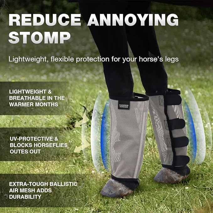 Harrison Howard Loose Fitting Fly Boots UV-Protective Extra Tough Mesh Ventilated Four Fasteners Stay-on Design Protect Horse Legs & Stomp-Reducing Set of 4 Original Grey Yearling
